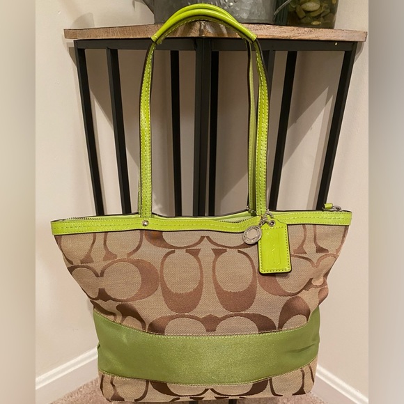 Coach Handbags - Coach Signature Stripe Khaki & Green Tote.